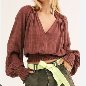 Free People FP One RUST* Smocked Gauze Blouse Ruffle Neck Long Sleeve Small